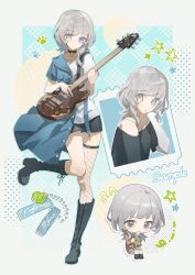 1girl absurdres animal_ears bang_dream! bang_dream!_it&#039;s_mygo!!!!! black_boots black_choker black_shirt black_shorts blue_coat blue_eyes blue_outline boots brown_shirt brown_shoes buttons cat_ears character_name charm_(object) chibi chibi_inset chinese_commentary choker closed_mouth coat commentary_request denim dotted_background drawn_ears drawn_whiskers eating electric_guitar esp_guitars expressionless fishnet_thighhighs fishnets food grey_background grey_skirt grey_socks guitar half-coat hanasakigawa_school_uniform head_rest heterochromia highres holding holding_guitar holding_instrument holding_spoon instrument invisible_chair kaname_raana lace-up_boots layered_sleeves leg_up long_coat long_sleeves matcha_(food) matcha_parfait medium_hair miniskirt mu_jue_(capibara) multiple_views o-ring o-ring_choker outline parfait parted_lips paw_print pleated_skirt postage_stamp raana_the_cat sailor_collar school_uniform serafuku shirt shoes short_over_long_sleeves short_shorts short_sleeves shorts single_fishnet_legwear single_off_shoulder single_thighhigh sitting skirt socks sparkle spoon standing standing_on_one_leg t-shirt thighhighs two-handed utensil_in_mouth white_hair white_outline white_sailor_collar white_shirt winter_uniform wolf_cut yellow_eyes
