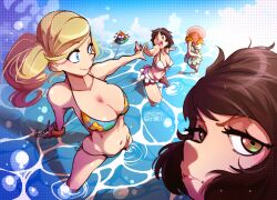 5girls absurdres ahoge arm_up axe bikini bikini_skirt blonde_hair blue_eyes breasts brown_hair cleavage closed_eyes closed_mouth day eyelashes fisheye frown halterneck hat haysey heart highres instagram_logo kawakami_sadayo large_breasts lips long_hair looking_at_another looking_at_viewer medium_hair multiple_girls navel niijima_makoto ocean okumura_haru one_eye_closed open_mouth orange_eyes orange_hair outdoors outstretched_arm outstretched_hand parted_lips patreon_logo persona persona_5 raised_eyebrow sakura_futaba side-tie_bikini_bottom smile standing stomach sun_hat swept_bangs swimsuit takamaki_anne twintails twitter_logo twitter_username v-shaped_eyebrows wading water yellow_eyes