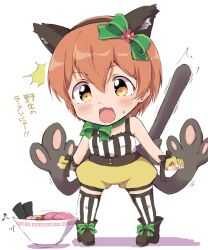 1girl :3 animal_ears black_shirt blush bow bowl cat_ears cat_tail chibi fake_animal_ears fake_tail fingerless_gloves food full_body gloves green_bow hair_between_eyes hair_bow highres hoshizora_rin looking_at_food love_live! love_live!_school_idol_festival love_live!_school_idol_project noodles open_mouth orange_hair puffy_shorts ramen sen_(sen0910) shirt short_hair shorts simple_background solo standing striped_clothes striped_shirt striped_thighhighs sweatdrop tail thighhighs translation_request white_background yellow_eyes yellow_gloves yellow_shorts