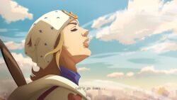 1boy anime_coloring araki_hirohiko_(style) blonde_hair blue_sky closed_eyes cloud commentary day english_text fake_screenshot hat highres hood hood_down hoodie horseshoe horseshoe_hat_ornament johnny_joestar jojo_no_kimyou_na_bouken male_focus medium_hair nika_dudi outdoors sky solo star_(symbol) star_print steel_ball_run subtitled white_hat white_hoodie