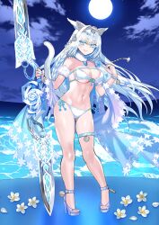 Rule 34 | 1girl, animal ears, bikini, blue background, blue eyes, blue sandals, blush, bracelet, braid, breasts, cat ears, cat girl, cat tail, cleavage, closed mouth, cloud, collar, contrapposto, dobrynya nikitich (fate), dobrynya nikitich (swimsuit lancer) (third ascension) (fate), fate/grand order, fate (series), fingernails, floating hair, flower, front-tie bikini top, front-tie top, full moon, fur armlet, fur collar, game cg, gluteal fold, hair intakes, hairband, hands up, high heels, holding, holding weapon, horizon, jewelry, large breasts, lips, long hair, looking at viewer, metal hairband, moon, nail polish, navel, night, night sky, official art, purple shawl, robina, sandals, shawl, side-tie bikini bottom, sideboob, sidelocks, single bare leg, skindentation, sky, smile, solo, stiletto heels, stomach, swimsuit, tail, thigh strap, third-party source, toenails, toes, underboob, very long hair, waves, weapon, white bikini, white collar, white flower, white hair, white tail