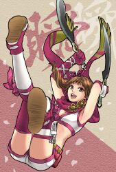 arm_up breasts brown_eyes brown_hair cleavage crop_top dagger highres knife kunoichi_(sengoku_musou) midriff ninja ponytail sandals scarf sengoku_musou shorts side_pontail smile thighhighs thighs weapon