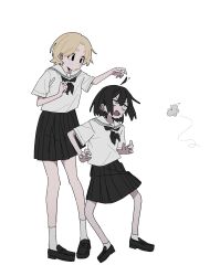 2girls absurdres ahoge black_eyes black_footwear black_hair black_skirt blonde_hair bug full_burrrrrrst hair_between_eyes highres insect matching_outfits moth multiple_girls parted_bangs pleated_skirt sailor_collar school_uniform shirt short_hair short_sleeves simple_background skirt socks white_background white_shirt