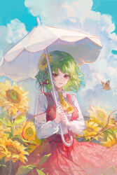 1girl bad_source blue_sky blush breasts bug butterfly cloud cloudy_sky collared_shirt day dress facing_viewer field flower green_hair hair_flower hair_ornament hair_ribbon highres holding holding_umbrella insect kazami_yuuka long_sleeves looking_at_viewer maccha_(mochancc) necktie open_mouth outdoors parasol plaid_clothes plaid_dress red_dress red_eyes ribbon shirt sky smile solo standing sunflower sunflower_hair_ornament touhou umbrella white_shirt yellow_necktie