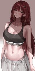 1girl absurdres aegyo_sal akane_lize black_sports_bra blush breasts cleavage collarbone earclip feet_out_of_frame grey_eyes hair_ornament hairclip hashtag-only_commentary highres katrinabluuuuu long_hair looking_at_viewer medium_breasts mole mole_under_eye multicolored_hair navel open_mouth pants red_hair simple_background solo sports_bra standing stellive streaked_hair virtual_youtuber white_pants yoga_pants
