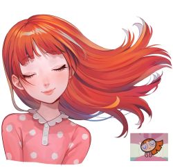 Rule 34 | 1girl, blossom (ppg), buttercup redraw challenge (meme), closed eyes, derivative work, facing viewer, floating hair, grey background, lavelis, long hair, meme, pajamas, polka dot, polka dot shirt, powerpuff girls, red hair, red shirt, reference inset, screenshot inset, screenshot redraw, shirt, simple background, smile, solo