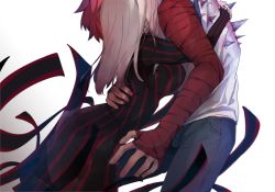 1boy 1girl blood breasts dark_sakura emiya_shirou fate/stay_night fate_(series) heaven&#039;s_feel height_difference hetero hidden_face highres holding hug kamo_0707 matou_sakura orange_hair sword weapon white_hair