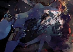 1boy 1girl aigis_(persona) android bad_id bad_pixiv_id battle_damage black_jacket black_shorts blonde_hair blue_eyes blue_hair breasts child damaged hair_over_one_eye half-closed_eyes hand_grab jacket joints kneehighs looking_at_another lying mechabare on_back on_ground on_side parted_lips persona persona_3 robot_joints shell_casing shoes short_hair shorts small_breasts socks syokuuuuuuuuumura white_socks yuuki_makoto_(persona_3)
