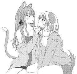 2girls animal_ears bang_dream! bang_dream!_it&#039;s_mygo!!!!! blush camisole cat_ears cat_girl cat_tail closed_mouth dog_ears dog_girl dog_tail greyscale highres hood hoodie kemonomimi_mode long_hair looking_at_another medium_hair misumi_uika monochrome multiple_girls off_shoulder open_mouth skirt smile tail togawa_sakiko two_side_up uikays yuri