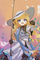 1girl absurdres black_gloves blonde_hair blue_sash brooch commentary english_commentary fish fishing_rod gloves hat highres holding holding_fishing_rod jewelry long_hair long_sleeves open_mouth phoebe_(wuthering_waves) purple_eyes sash shirt skirt solo verniy_misaki white_hat white_shirt white_skirt wuthering_waves