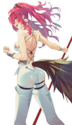 1girl absurdres ass bare_shoulders black_bow boots bow breasts commentary_request cowboy_shot earrings from_behind hair_bow hair_ornament hairband highres holding holding_polearm holding_weapon jewelry large_breasts long_hair looking_at_viewer lupa_(wuthering_waves) median_furrow metal_hairband momo_(2240807) open_mouth pink_hair polearm red_pupils shoulder_blades simple_background smile solo tail teeth thigh_boots upper_teeth_only weapon white_background wolf_tail wrist_guards wuthering_waves yellow_eyes