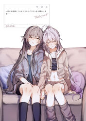 2girls absurdres alternate_costume black_shirt black_shorts black_socks black_tube_top brown_jacket brown_leg_warmers brown_shorts closed_eyes commentary_request couch crop_top feet_out_of_frame fu_hua fur-trimmed_jacket fur_trim gradient_hair grey_hair grey_hoodie high_ponytail highres honkai_(series) honkai_impact_3rd hood hoodie jacket kiana_kaslana kiana_kaslana_(herrscher_of_finality) leaning_on_person leg_warmers long_hair multicolored_hair multiple_girls on_couch ponytail purple_hair rino_ebe shirt shorts sleeping sleeping_upright socks strapless thank_you translation_request tube_top two-tone_hair very_long_hair white_hair