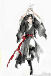 1boy aged_down animal arms_up black_boots black_hair black_hanfu boots chinese_clothes closed_mouth full_body grey_eyes hanfu high_ponytail holding holding_animal holding_rabbit ink_wash_painting kcllzas163 light_particles long_hair long_sleeves looking_at_animal male_focus modao_zushi painting_(medium) pants ponytail rabbit red_sash robe sash simple_background smile solo standing standing_on_one_leg third-party_source traditional_media watermark web_address wei_wuxian weibo_watermark white_background white_pants white_rabbit_(animal) wide_sleeves
