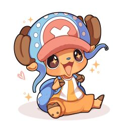 Rule 34 | 1boy, absurdres, animal ears, antlers, backpack, bag, brown eyes, deer ears, hat, highres, horns, male focus, one piece, open mouth, sevi (seviyummy), signature, sitting, smile, solo, tony tony chopper