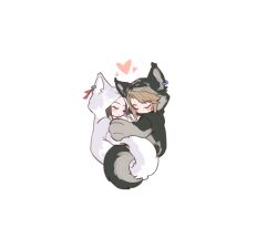 Rule 34 | 1boy, 1girl, animal earrings, animal ears, blonde hair, brown hair, chibi, closed eyes, cuddling, grey fur, hair ribbon, kurokawa karasu, light blush, link, nintendo, princess zelda, ribbon, sidelocks, sleeping, swept bangs, the legend of zelda, the legend of zelda: twilight princess, white background, white fur, wolf ears, wolf hood, wolf link