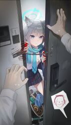 1boy 1girl animal_ear_fluff animal_ears bag black_skirt blood blood_on_clothes blue_archive blue_eyes blue_halo blue_necktie blue_scarf blush breasts chain closed_mouth collared_shirt cross_hair_ornament doodle_sensei_(blue_archive) door empty_eyes extra_ears gloves grey_hair hair_ornament halak0000 halo hammer highres medium_breasts medium_hair mismatched_pupils necktie pleated_skirt scarf sensei_(blue_archive) shiroko_(blue_archive) shirt skirt white_shirt wolf_ears yandere