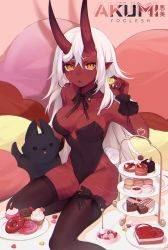 1girl akumi_(yoclesh) animal bare_shoulders bed black_thighhighs breasts cake candy chocolate chocolate_heart demon_girl dog fingernails food fruit hair_between_eyes heart highres horns large_breasts leotard long_hair looking_at_viewer macaron oni oni_horns original plate playboy_bunny pointy_ears scar scar_across_eye scar_on_face sitting solo strawberry thighhighs valentine virtual_youtuber vyugen white_hair yellow_eyes yoclesh