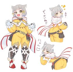 1girl animal_ears ass bag belt bodysuit brown_hair gloves grey_hair homuhika_moch1 japanese_text nia_(xenoblade) scarf xenoblade_chronicles_(series) xenoblade_chronicles_3