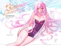 Rule 34 | 2025, absurdres, arm support, artist name, black one-piece swimsuit, commentary, elysia (honkai impact), english commentary, english text, heart, highres, honkai (series), honkai impact 3rd, jiajuniee, july, lipstick mark on chest, long hair, one-piece swimsuit, pink eyes, pink hair, pointy ears, sitting, swimsuit, two-tone swimsuit, very long hair, water, white one-piece swimsuit