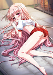 1girl ass ball barefoot basketball basketball_(object) blush breasts breath buruma buruma_aside censored clothes_lift clothing_aside commentary_request feet female_focus from_behind gym_storeroom gym_uniform hakamada_hinata heavy_breathing highres indoors kneepits legs loli long_hair looking_at_viewer looking_back lying mat mosaic_censoring nipples on_stomach open_mouth pink_eyes pink_hair presenting pussy pussy_juice red_buruma rou-kyuu-bu! shirt shirt_lift short_sleeves small_breasts soles solo thighs toes very_long_hair white_shirt yume_miruku