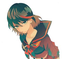 1girl black_hair chest_strap cropped_shirt from_above frown kill_la_kill looking_at_viewer matoi_ryuuko medium_hair multicolored_hair neckerchief school_uniform senketsu serafuku sharp911 skirt streaked_hair suspenders white_background