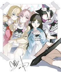 1other 4girls absurdres after-school_sweets_club_(blue_archive) airi_(band)_(blue_archive) airi_(blue_archive) animal_print black_hair black_jacket blonde_hair blue_jacket blunt_bangs blunt_ends blush bracelet cat_print closed_mouth clothes_around_waist colored_inner_animal_ears colored_inner_hair commentary green_eyes hair_bun hair_ribbon highres holding holding_pen jacket jacket_around_waist jewelry kazusa_(band)_(blue_archive) kazusa_(blue_archive) long_hair low_twintails lying multicolored_hair multiple_bracelets multiple_girls natsu_(band)_(blue_archive) natsu_(blue_archive) official_alternate_costume official_alternate_hairstyle on_back open_mouth own_hands_together parted_bangs pen pink_eyes pink_hair pleated_skirt pov qtian red_eyes red_jacket red_ribbon ribbon shirt short_hair side_ponytail sidelocks single_side_bun skirt t-shirt twintails two-tone_hair v white_shirt white_skirt yellow_eyes yellow_jacket yoshimi_(band)_(blue_archive) yoshimi_(blue_archive)