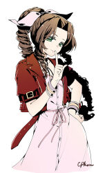 1girl aerith_gainsborough bangle belt_buckle bracelet braid braided_ponytail breasts brown_hair buckle buttons cat_princess choker cleavage closed_mouth cowboy_shot cropped_jacket dress final_fantasy final_fantasy_vii final_fantasy_vii_rebirth final_fantasy_vii_remake finger_to_mouth flower_choker green_eyes hair_ribbon hand_on_own_hip jacket jewelry long_dress long_hair looking_at_viewer medium_breasts parted_bangs pink_dress pink_ribbon red_jacket ribbon short_sleeves sidelocks single_braid smile solo wavy_hair white_background