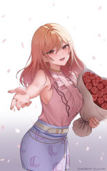1girl :d absurdres ahoge belt blouse bouquet center_frills cowboy_shot earrings flower frills gold_choker gradient_hair hair_ornament hairclip hashtag-only_commentary highres holding holding_bouquet hololive hololive_dev_is ichijou_ririka ichijou_ririka_(1st_costume) jewelry long_hair looking_at_viewer miniskirt multicolored_hair open_mouth orange_eyes orange_hair pencil_skirt petals pink_hair pink_shirt purple_skirt reaching reaching_towards_viewer ring shirt shirt_tucked_in skirt sleeveless sleeveless_shirt smile solo steelball_(jwk76806995) swept_bangs virtual_youtuber white_belt