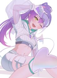 1girl blush breasts commentary demon_girl demon_tail demon_wings fawny gloves goggles goggles_on_head green_eyes grey_hair highres hololive looking_at_viewer multicolored_hair official_alternate_costume one_eye_closed pink_hair ponytail purple_gloves purple_hair see-through_clothes see-through_sleeves shorts shrug_(clothing) small_breasts smile solo streaked_hair tail teeth thigh_strap tokoyami_towa tokoyami_towa_(cyberpunk) two-sided_gloves upper_teeth_only virtual_youtuber white_background white_gloves white_shorts white_shrug wings