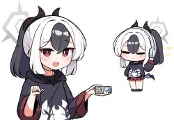 1girl black_choker black_hair black_hoodie black_horns blue_archive bright_pupils chibi choker closed_eyes closed_mouth digital_media_player earbuds earphones grey_halo halo headphones hood hood_down hoodie horns kayoko_(blue_archive) long_sleeves looking_at_viewer multicolored_hair multiple_views open_mouth ponytail red_eyes red_skirt simple_background single_wing skirt smile standing tagyeokgam two-tone_hair white_background white_hair white_pupils wings