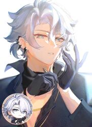1boy adjusting_clothes adjusting_gloves ahoge birdsofpasssage black_gloves black_shirt blue_eyes ear_piercing gloves highres honkai:_star_rail honkai_(series) male_focus official_alternate_costume parted_lips phainon_(honkai:_star_rail) piercing reference_inset shirt short_hair simple_background solo upper_body white_background white_hair