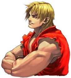 Rule 34 | 1boy, blonde hair, brown eyes, crossed arms, dougi, highres, ikeno daigo, ken masters, long hair, male focus, muscular, muscular male, portrait, smile, solo, street fighter, street fighter iii (series), thick eyebrows, torn clothes, torn sleeves