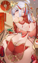 Rule 34 | 1girl, absurdres, ass, ass focus, back, bare shoulders, bent over, blush, breasts, butt crack, c-string, calligraphy brush, cameltoe, character request, circlet, commentary request, cup, dahe zhuang (yishi fanhua), from behind, grey hair, hair bun, hair rings, highres, indoors, ji chenxing, long hair, looking back, paintbrush, petals, purple eyes, revealing clothes, see-through clothes, sideboob, single hair bun, small breasts, snowbreak: containment zone, solo, sparkle, strapless bottom, tassel