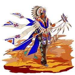 1boy canyon commentary_request dark-skinned_male dark_skin desert edarow fake_horns full_body green_hair headdress holding holding_staff hoof_shoes horned_headwear horns long_hair male_focus native_american native_american_headdress original staff standing white_background wind