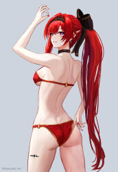 1girl ass bare_shoulders bikini breasts earrings hair_between_eyes hair_ornament hairband haruyuki_(karem) highres jewelry long_hair looking_at_viewer mole mole_under_eye pointy_ears purple_eyes red_bikini red_hair solo swimsuit tacet_mark_(wuthering_waves) very_long_hair wuthering_waves yinlin_(wuthering_waves)