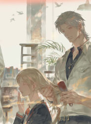 1boy 1girl belt black_pants black_shirt blonde_hair bow closed_eyes endofthepage hair_brush highres holding holding_another&#039;s_hair holding_hair_brush long_hair looking_at_another love_and_deepspace medium_hair nose open_mouth pants parted_bangs parted_lips protagonist_(love_and_deepspace) red_bow red_eyes school_uniform shirt sleepy sylus_(love_and_deepspace) teeth white_hair white_shirt