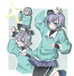 1girl ^_^ aqua_eyes aqua_jacket arm_up bad_tag black_pants blue_skirt closed_eyes commentary dalidari27 glasses grey_hair hifumi_suu highres jacket kimi_no_koto_ga_dai_dai_dai_dai_daisuki_na_100-nin_no_kanojo long_sleeves miniskirt multiple_views pants pleated_skirt short_hair simple_background skirt slit_pupils sparkle