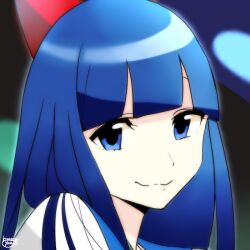 1girl blue_eyes blue_hair bow headshot kisaragi_yuu_(fallen_sky) looking_at_viewer panty_&amp;_stocking_with_garterbelt parody pipimi poptepipic red_bow school_uniform serafuku style_parody