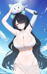 1girl absurdres animal_ears bikini black_hair blue_eyes blue_hair breasts cleavage closed_mouth cloud commission erina_makina gvmmr hair_over_one_eye highres large_breasts long_hair mechanical_arms navel phase_connect sarong single_mechanical_arm skeb_commission sky solo stomach swimsuit tiger_ears tiger_girl virtual_youtuber white_bikini white_sarong