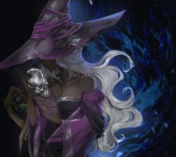 Rule 34 | 1girl, 1other, absurdres, azvdc, baby, bare shoulders, black background, black dress, blue fire, breasts, cleavage, dress, elden ring, elden ring nightreign, fire, hat, hat over eyes, highres, holding, large hat, long hair, mage staff, mother and child, purple hat, purple sleeves, recluse (elden ring), signature, swaddled, upper body, white hair, wide sleeves, witch, witch hat, wooden staff