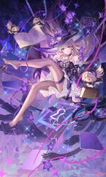 1girl alternate_breast_size atdan bare_shoulders book breasts brown_hair brown_pantyhose detached_sleeves dress floating floating_object flower hair_ribbon hat hat_flower herta_(honkai:_star_rail) honkai:_star_rail honkai_(series) long_hair no_shoes pantyhose purple_eyes purple_flower purple_ribbon ribbon riding sitting solo spread_toes staff staff_riding the_herta_(honkai:_star_rail) toes very_long_hair witch_hat
