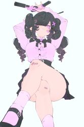 1girl arms_up bandages belt black_bow black_bowtie black_hair black_shoes bow bowtie breasts bullet_hair_ornament crossed_arms cup curly_hair elliemaplefox gradient_hair gun hair_ornament hair_over_one_eye hairclip highres holding holding_cup medium_breasts multicolored_hair original pink_eyes pink_shirt pink_socks purple_hair shirt shoes simple_background sitting skirt skull_pendant socks solo suppressor twintails weapon x_hair_ornament
