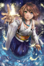 00s 10s 1girl 2014 arm_up blue_eyes blue_hakama blue_skirt brown_hair detached_sleeves expressionless female_focus final_fantasy final_fantasy_x from_above green_eyes hakama hakama_skirt heterochromia highres japanese_clothes jewelry lips long_skirt looking_at_viewer looking_up necklace obi outstretched_arm parted_lips partially_submerged pleated_skirt robert_knight sash short_hair skirt solo standing tassel teeth wading water yuna yuna_(ff10)