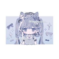 1girl blush bow chibi chibi_only collared_shirt cropped_torso earrings english_text hair_bow hair_ornament hairclip jewelry long_hair memuro original purple_eyes purple_hair sample_watermark shirt short_sleeves twintails watermark