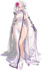1girl absurdres arm_cutout artist_name breasts brown_eyes china_dress chinese_clothes closed_mouth commentary double_bun dress flower full_body grey_shoes hair_bun hair_flower hair_ornament highres large_breasts long_hair long_legs long_sleeves multicolored_hair naked_dress nike_(nike1060) no_bra no_panties original red_hair revealing_clothes shoes side_slit sideboob sideless_dress sideless_outfit simple_background single_bare_leg single_sleeve sketch socks standing streaked_hair two-tone_hair very_long_hair very_long_sleeves white_background white_dress white_socks