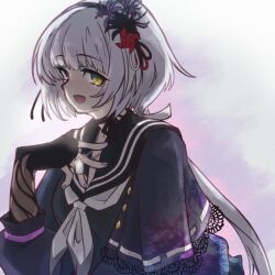 Rule 34 | 1girl, :d, arm at side, assault lily, black capelet, black choker, black flower, black gloves, black hairband, black ribbon, black sailor collar, black serafuku, black shirt, bow hairband, capelet, cardigan, choker, digamma, fingerless gloves, fingernails, flower, gloves, gradient background, grey background, grey hair, hair ribbon, hairband, hand up, hashtag-only commentary, heterochromia, highres, holding, holding jewelry, holding necklace, jewelry, lace-trimmed capelet, lace trim, long hair, long sleeves, looking ahead, low ponytail, nail polish, neck ribbon, neckerchief, necklace, open cardigan, open clothes, open mouth, pink eyes, ponytail, purple background, purple flower, purple nails, red flower, red ribbon, ribbon, ribbon choker, sailor collar, school uniform, serafuku, shirt, smile, solo, upper body, very long hair, white background, white neckerchief, white ribbon, yamaguchi chihiro (assault lily), yellow eyes