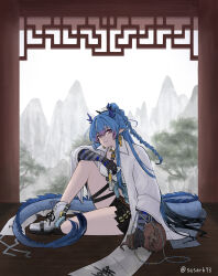 1girl ankle_boots arknights beads black_shorts blue_hair boots closed_mouth colored_extremities commentary dragon_girl dragon_horns dragon_tail earrings film_grain fog full_body gourd hair_between_eyes highres holding holding_gourd horns indoors jacket jewelry knee_up light_smile ling_(arknights) long_hair looking_at_viewer multicolored_hair pink_eyes pink_hair plant pointy_ears sasark73_(namida) scroll shorts sitting solo streaked_hair tail thigh_strap tree twitter_username white_boots white_jacket