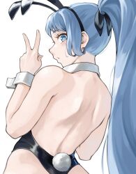 Rule 34 | 1girl, absurdres, animal ears, back, bare back, black leotard, blue eyes, blue hair, boku no hero academia, commentary, fake animal ears, fake tail, fengling (furin-jp), hado nejire, highres, leotard, long hair, looking at viewer, looking back, playboy bunny, ponytail, rabbit ears, rabbit tail, simple background, solo, tail, v, white background