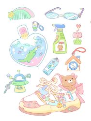 animal_charm bottle bow cellphone_charm charm_(object) comb commentary english_text glasses highres key lighter liquid original pastel_colors perfume_bottle shoes simple_background solid_circle_eyes solid_eyes spray_bottle star_(symbol) sticker summernight_12 symbol-only_commentary white_background