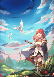 1girl armor armored_boots bird black_gloves black_skirt black_thighhighs boots breastplate cape celica_(fire_emblem) choker cloud cloudy_sky dove dress earrings fingerless_gloves fire_emblem fire_emblem_echoes:_shadows_of_valentia gloves grass highres jewelry long_hair luna_chai nintendo orange_hair princess red_eyes red_hair skirt sky solo thighhighs tiara white_armor white_dress